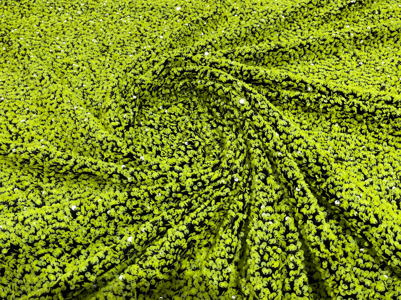 Lime Green Sequin Fabric on Black Stretch Velvet - by the yard - Sequins 2 Way Stretch  58/60”