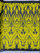 Big Damask Sequins Fabric - Yellow on Black - 4 Way Stretch Damask Sequins Design Fabric By Yard