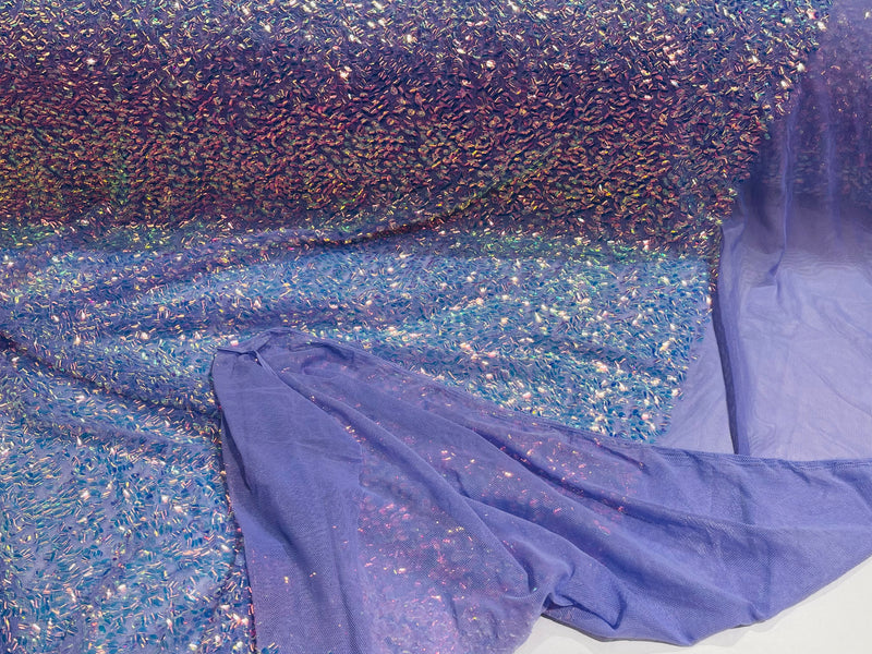 New Iridescent Clear Sequin Fabric Embroidery On Lilac Power Mesh 4Way Stretch Sequins By The Yard