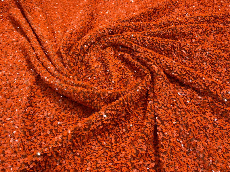 Burnt Orange Sequin Fabric on Stretch Velvet - by the yard - Sequins 2 Way Stretch  58/60”