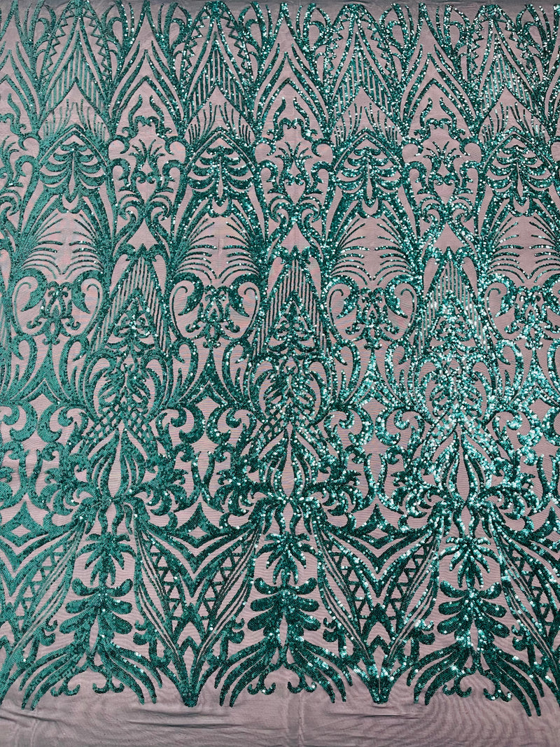 Teal Green Sequin Fabric - by the yard - On Mesh 4 Way Stretch, Damask Design Sequins