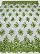 Floral Lace Fabric - Green on Black Mesh - Flower Cluster Embroidery Design With Sequins on a Mesh
