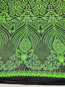Neón Green Sequins Fabric On Black Mesh 4 Way Stretch Geometric Design By The Yard