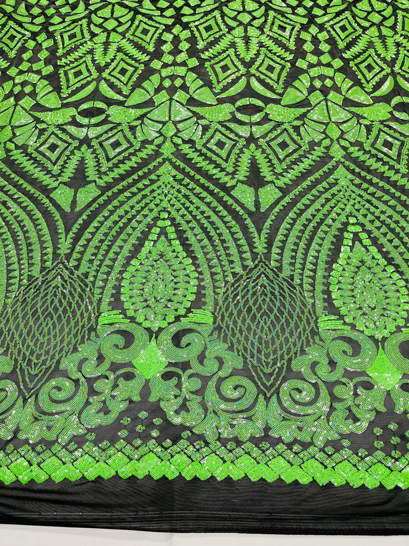 Neón Green Sequins Fabric On Black Mesh 4 Way Stretch Geometric Design By The Yard