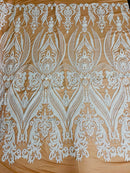 Big Damask Sequins Fabric - White on Dark Nude - 4 Way Stretch Damask Sequins Design Fabric By Yard