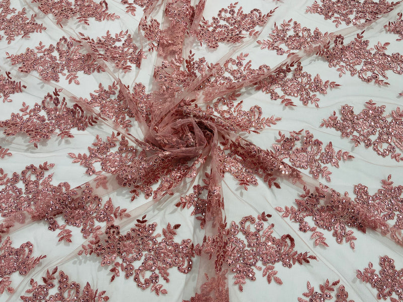 Dusty Rose Floral Lace Fabric - by the yard - Corded Flower Embroidery Design With Sequins on a Mesh