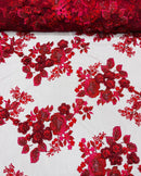 Burgundy Flower 3D Fabric - by the Yard - Embroided Fabric Flower Pearls and Beaded Fabric
