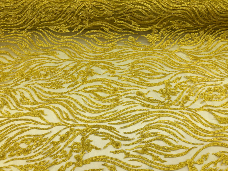 Yellow Beaded Fabric - by the yard - Fancy Embroidered Zebra Design with Beads on Mesh Fabric