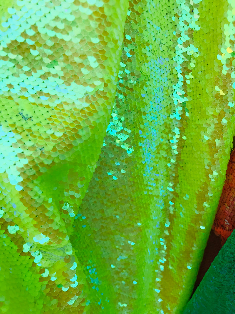 Iridescent Yellow/Mate Yellow Flip Up Sequins Reversible - Mermaid Sequins Spandex Fabric By Yard