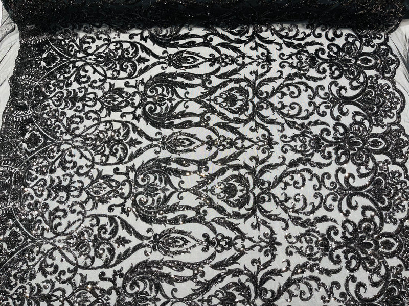 Black Sequin Fabric On a Mesh 4 Way Stretch Damask Design By The Yard