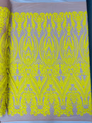 Big Damask Sequins Fabric - Yellow on Nude - 4 Way Stretch Damask Sequins Design Fabric By Yard