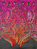 Orange/Fuchsia Iridescent - 4 Way Stretch Embroidered Royalty Sequins Design Fabric By Yard