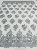 Floral Lace Fabric - Silver - Flower Cluster Embroidery Design With Sequins on a Mesh