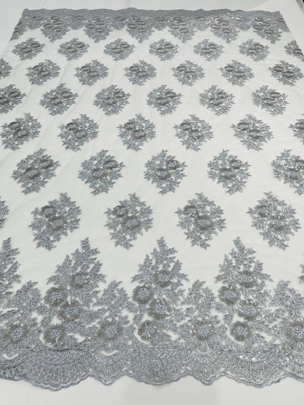 Floral Lace Fabric - Silver - Flower Cluster Embroidery Design With Sequins on a Mesh