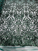 Hunter Green Sequin Fabric On a Mesh 4 Way Stretch Damask Design By The Yard
