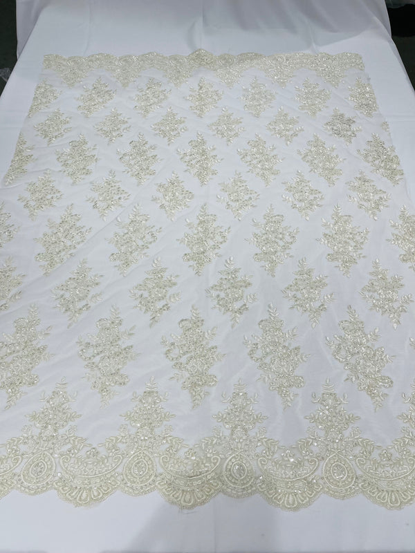 Ivory Floral Lace Fabric - by the yard - Corded Flower Embroidery Design With Sequins on a Mesh