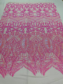 Candy Pink Sequin - 4 Way Stretch Embroidered Royalty Sequins Design Fabric By Yard