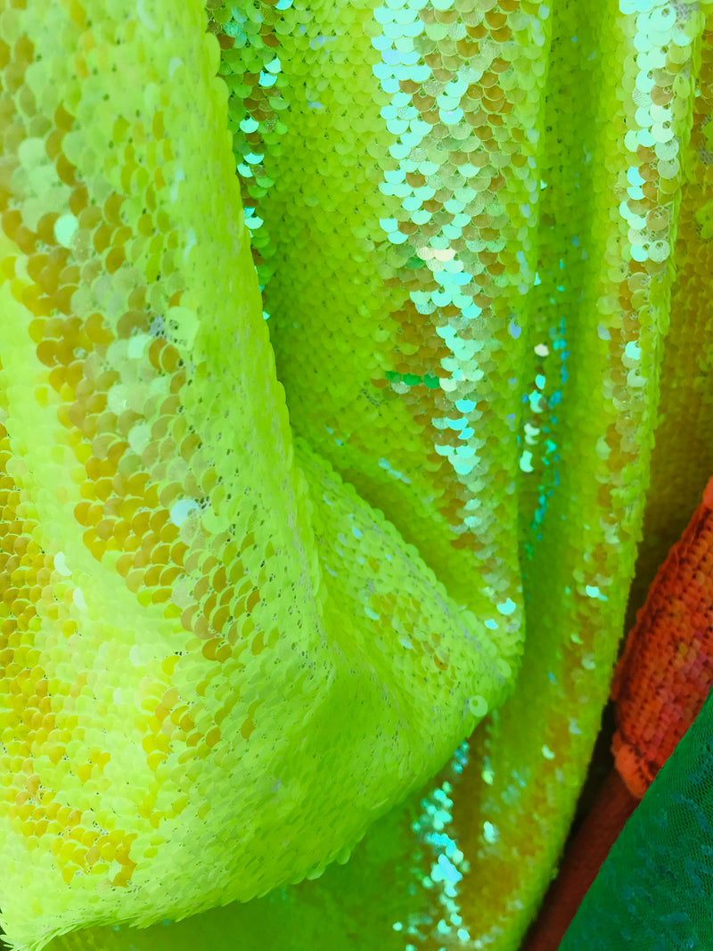 Iridescent Yellow/Mate Yellow Flip Up Sequins Reversible - Mermaid Sequins Spandex Fabric By Yard