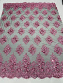 Floral Lace Fabric - Pink on Black Mesh - Flower Cluster Embroidery Design With Sequins on a Mesh
