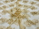 Floral Lace Fabric - Champagne - Flower Cluster Embroidery Design With Sequins on a Mesh