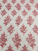 Candy Pink Floral Lace Fabric - by the yard - Corded Flower Embroidery Design With Sequins on a Mesh