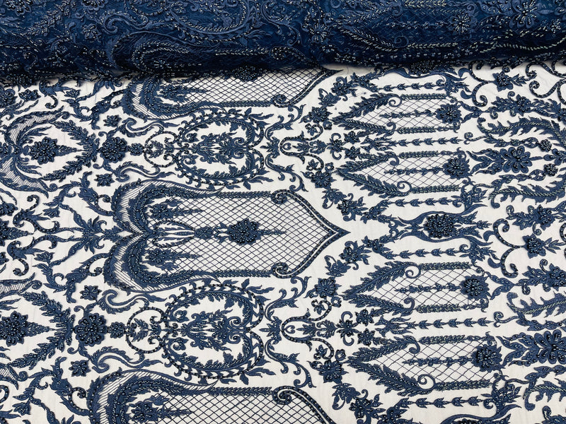 Navy Beaded Damask Fabric - by the yard - Embroidered with Beads and Sequins on Mesh Fabric