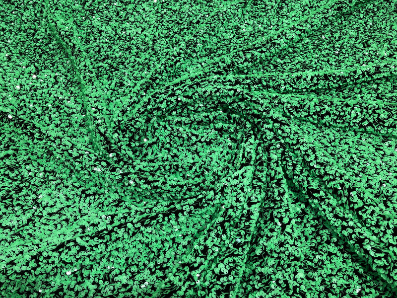 Green Sequin Fabric on Black Stretch Velvet - by the yard - Sequins 2 Way Stretch  58/60”