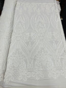 White Sequins Fabric, 4 Way Stretch Embroidery With Sequin On a Mesh By The Yard
