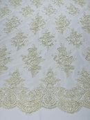 Ivory Floral Lace Fabric - by the yard - Corded Flower Embroidery Design With Sequins on a Mesh