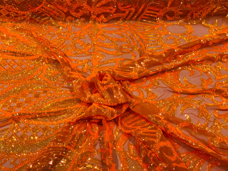 Orange Iridescent  - 4 Way Stretch Embroidered Royalty Sequins Design Fabric By Yard