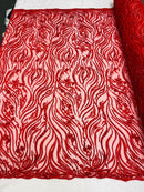 Red Beaded Fabric - by the yard - Fancy Embroidered Zebra Design with Beads on Mesh Fabric