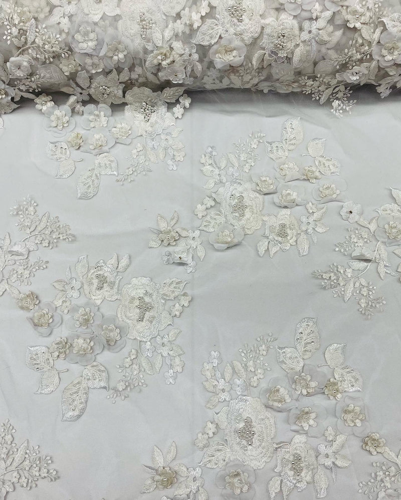 Of White Flower 3D Fabric - by the Yard - Embroided Fabric Flower Pearls and Beaded Fabric