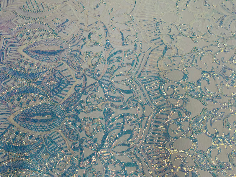 Clear Iridescent Sequin Fabric - 4 Way Stretch Embroidered Royalty Sequins Design Fabric By Yard