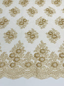 Floral Lace Fabric - Champagne - Flower Cluster Embroidery Design With Sequins on a Mesh