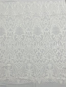 White Sequin Fabric - by the yard - On Mesh 4 Way Stretch, Damask Design Sequins