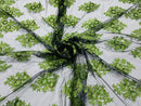 Floral Lace Fabric - Green on Black Mesh - Flower Cluster Embroidery Design With Sequins on a Mesh