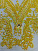 Big Damask Sequins Fabric - Yellow - 4 Way Stretch Damask Sequins Design Fabric By Yard