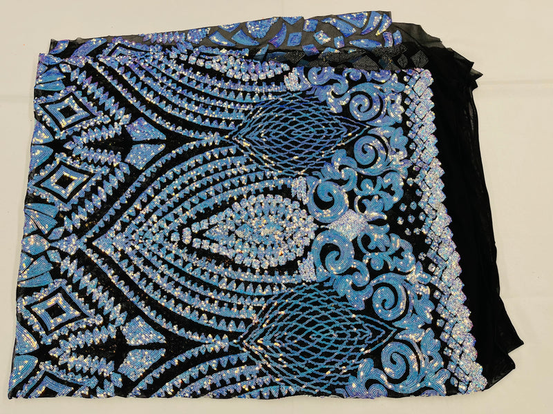 Aqua/Blue Iridescent Sequins Fabric On Black Mesh 4 Way Stretch Geometric Design By The Yard