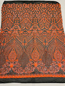 Orange Iridescent Sequins Fabric On Black Mesh 4 Way Stretch Geometric Design By The Yard