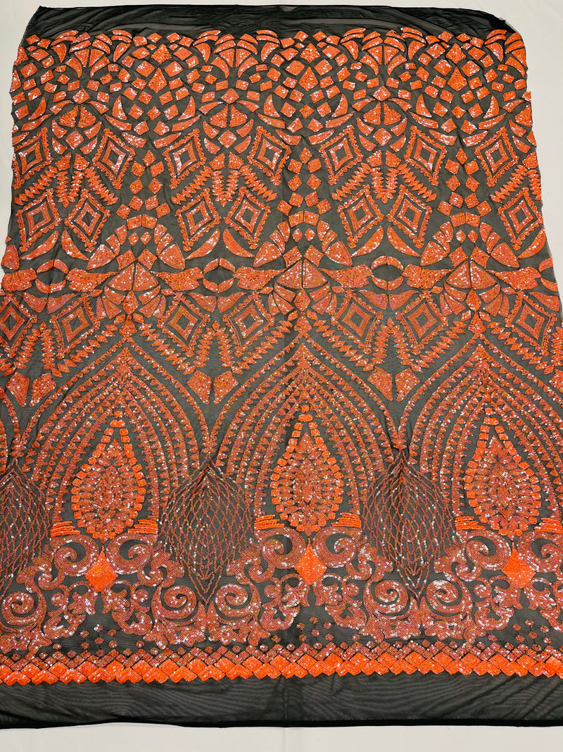 Orange Iridescent Sequins Fabric On Black Mesh 4 Way Stretch Geometric Design By The Yard