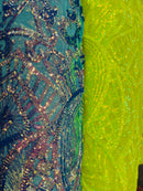 Neon Yellow Sequin - 4 Way Stretch Embroidered Royalty Sequins Design Fabric By Yard