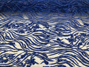 Beaded Lace Fabric - Royal Blue -  Embroidery on Mesh For Bridal Wedding Fancy Dress By The Yard
