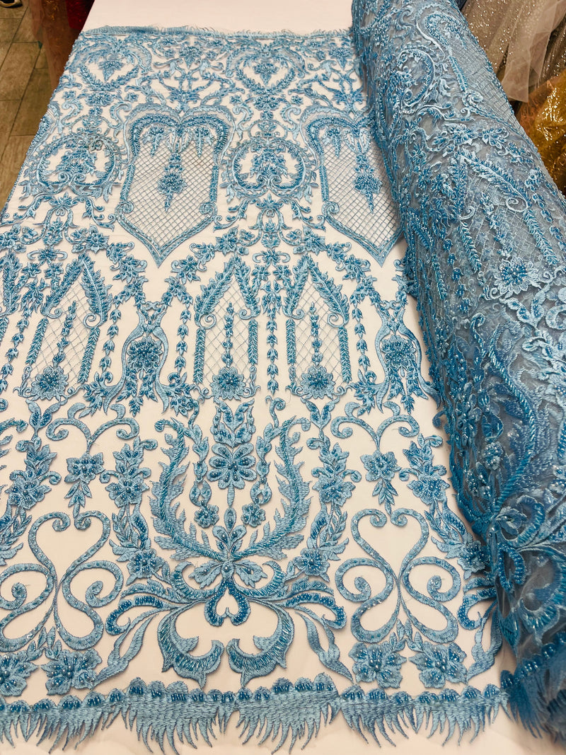 Blue Beaded Damask Fabric - by the yard - Embroidered with Beads and Sequins on Mesh Fabric