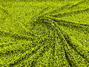 Lime Green Sequin Fabric on Black Stretch Velvet - by the yard - Sequins 2 Way Stretch  58/60”