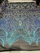 Aqua/Blue Iridescent - 4 Way Stretch Embroidered Royalty Sequins Design Fabric By Yard