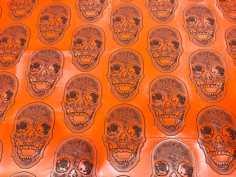 Big Skull Vinyl Fabric - Orange - Upholstery Faux Leather 54” Wide By Yard