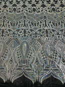 Silver Holographic Sequin - 4 Way Stretch Embroidered Royalty Sequins Design Fabric By Yard