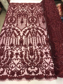 Burgundy Beaded Fabric Embroidered On A Mesh Lace Fancy Dress Fabric Sold By The Yard