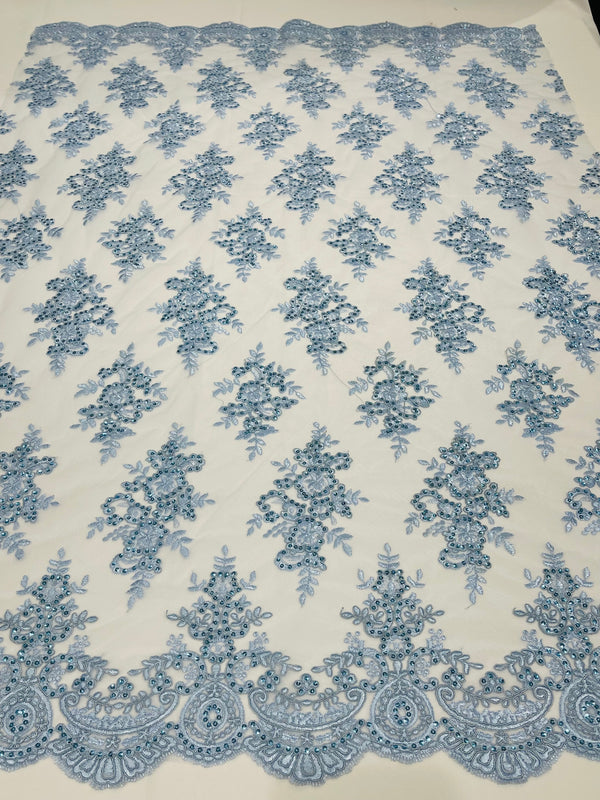 Baby Blue Floral Lace Fabric - by the yard - Corded Flower Embroidery Design With Sequins on a Mesh