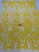 Big Damask Sequins Fabric - Yellow - 4 Way Stretch Damask Sequins Design Fabric By Yard